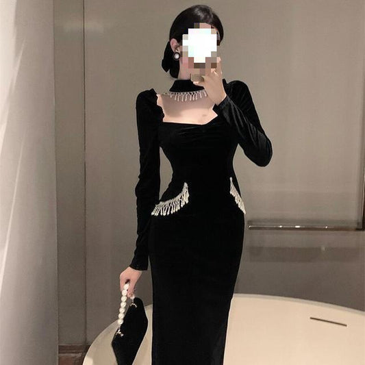 Puffy Sleeves Square Collar Pearl Bib Velvet Black Dress Dress - Enfance-Heureuse