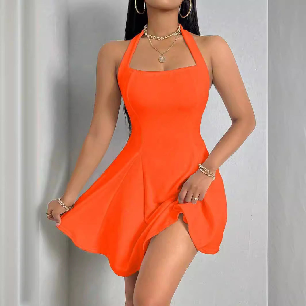 Pure Color Halter Backless Sleeveless Dress