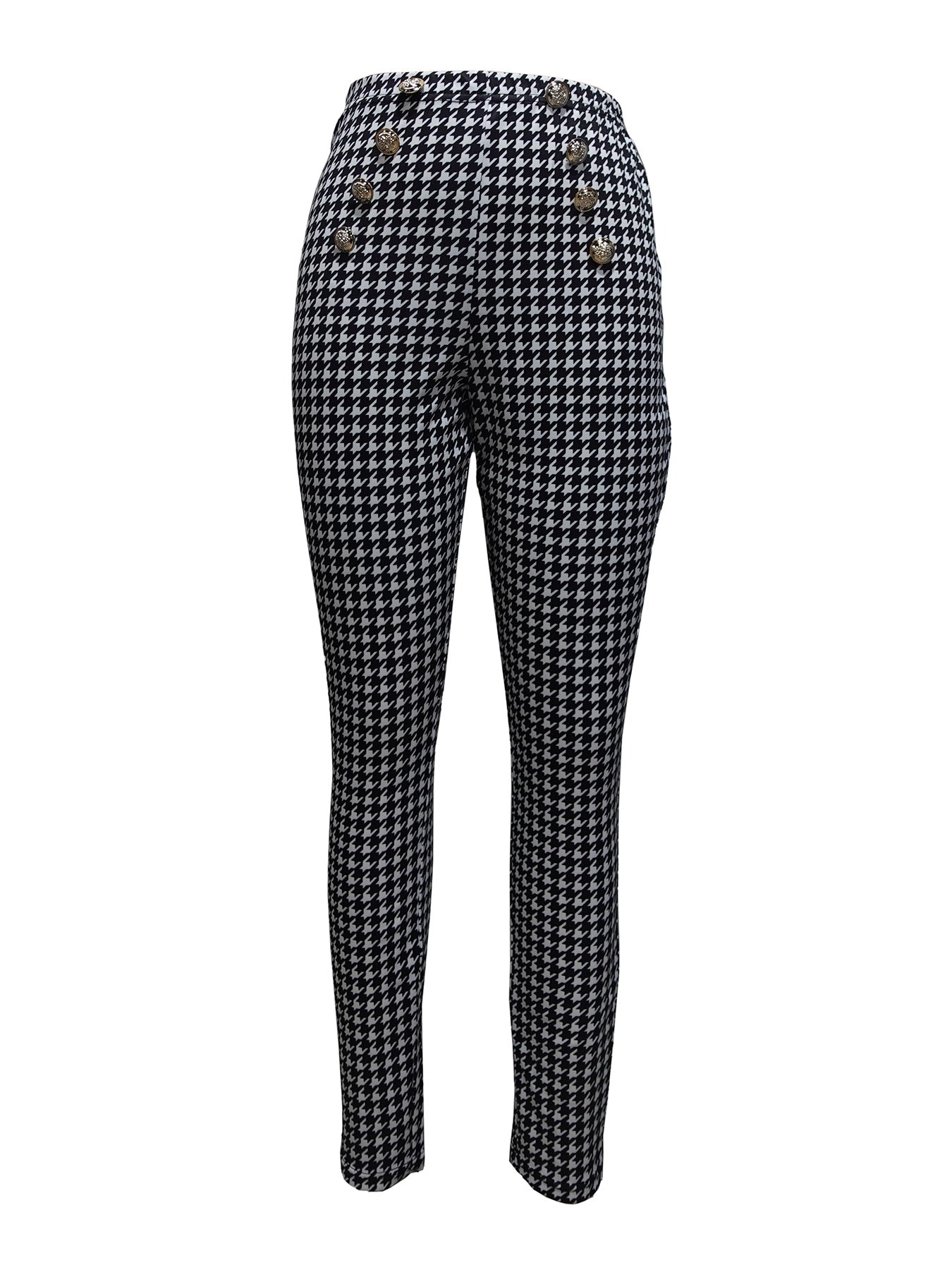 Ladies' Thousand Bird Grid Design Button Casual High Waist Slimming Pants