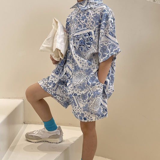 Printed Shirt Boys Vacation Style Chiffon Shirt Shorts Suit - Enfance-Heureuse