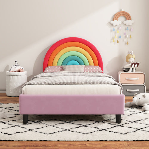 Rainbow Design Upholstered Twin Platform Bed Cute Style Princess Bed For Boys Girls, Teens - Enfance-Heureuse