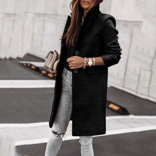 Simplicity Long Sleeve Button Woolen Coat Overcoat - Enfance-Heureuse