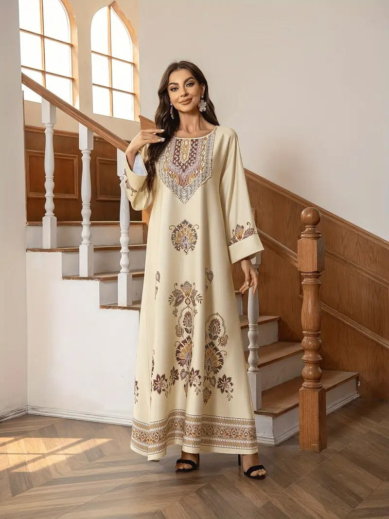 Elegante abaya con estampado floral, ropa musulmana de Oriente Medio para mujer