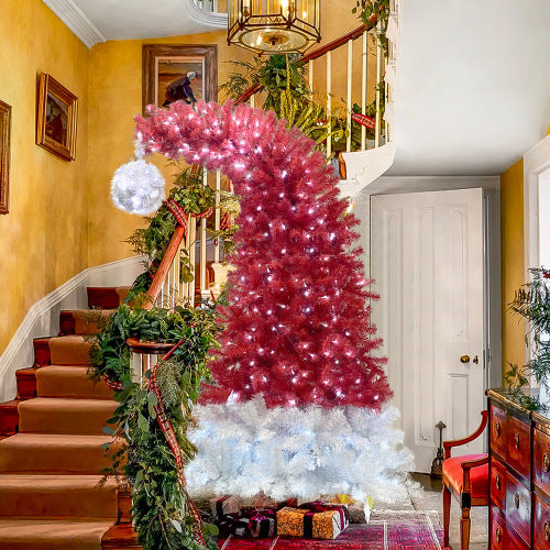 6FT Hinged Fir Artificial Fir Bent Top Christmas Tree, Xmas Tree Bendable Santa Hat Style Christmas Tree Holiday Decoration,1250 Branch Tips, 300 LED Lights X-mas