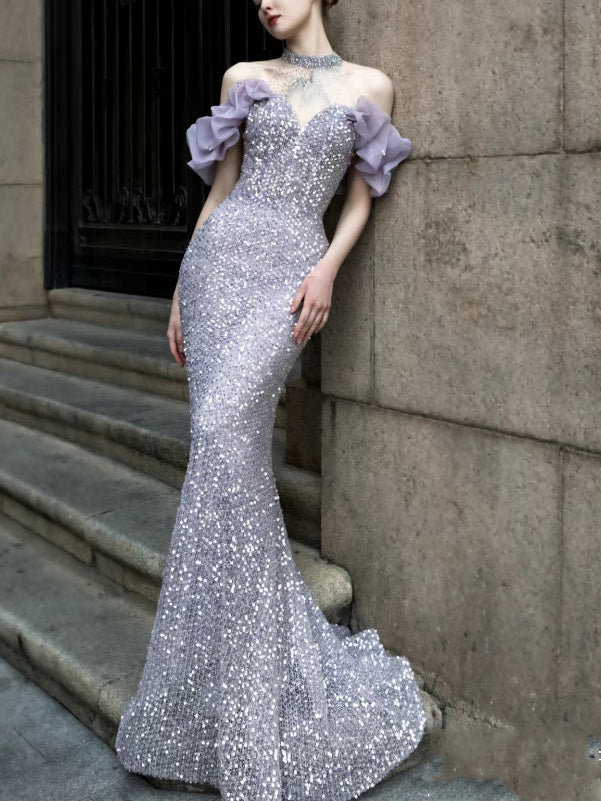 Vestido estilo halter con cuentas y diseño de cielo estrellado para la reunión anual de Purple Host, modelo de pasarela con cola de pez