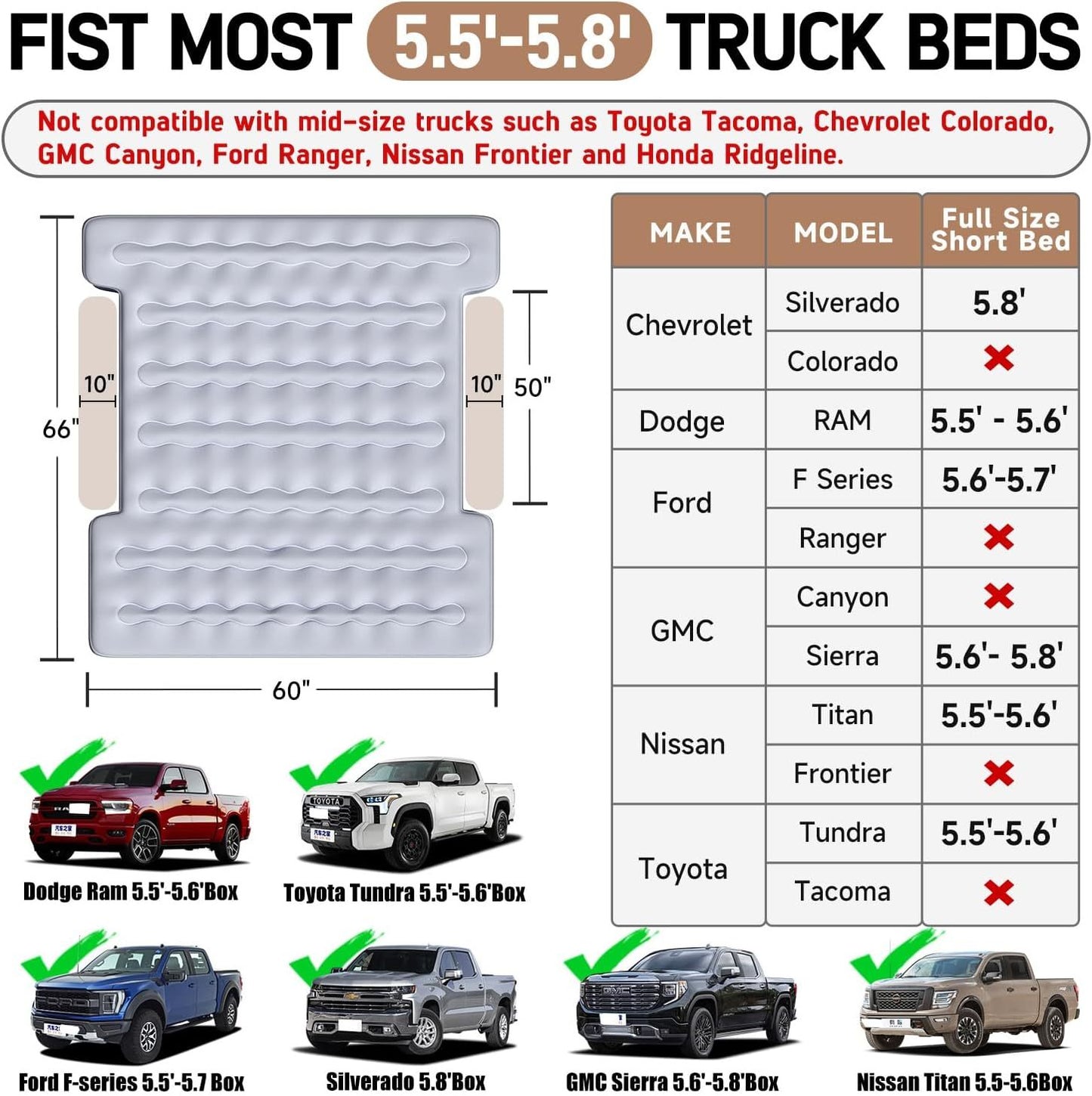 Truck Bed Air Mattress For 5.5-5.8ft Short Beds, Easily Inflates And Deflates With Built-In Rechargeable Air Pump Camping Bed Outdoor Mattress