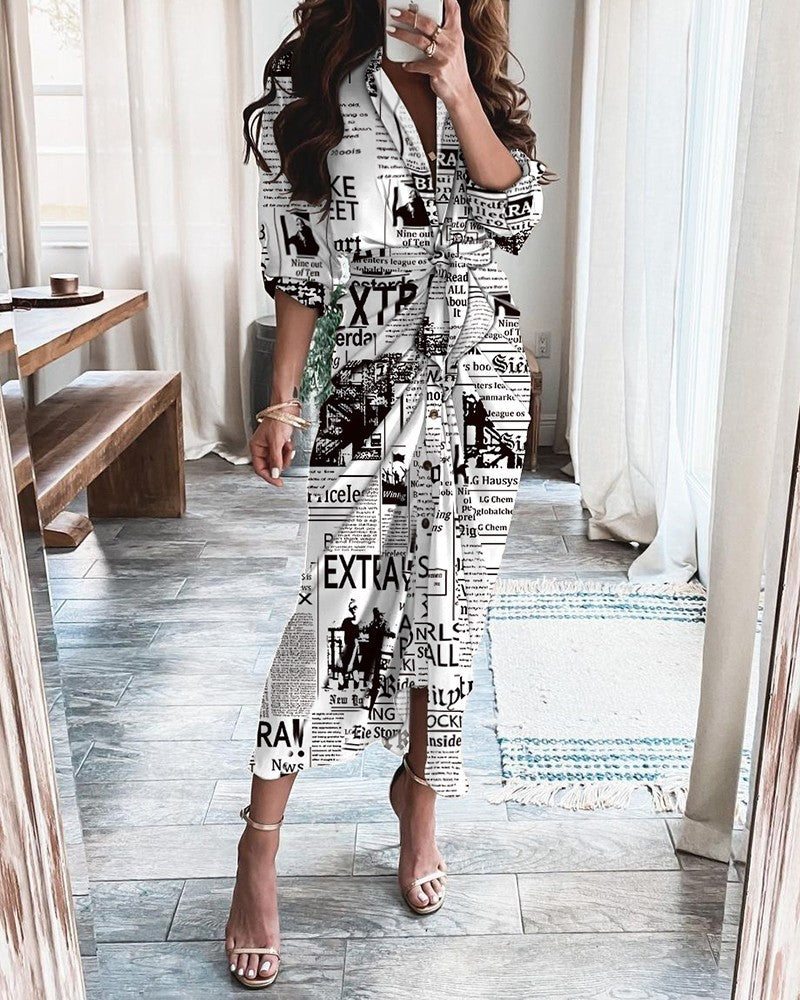 Long Sleeve V Neck Button Print Long Dress Women's