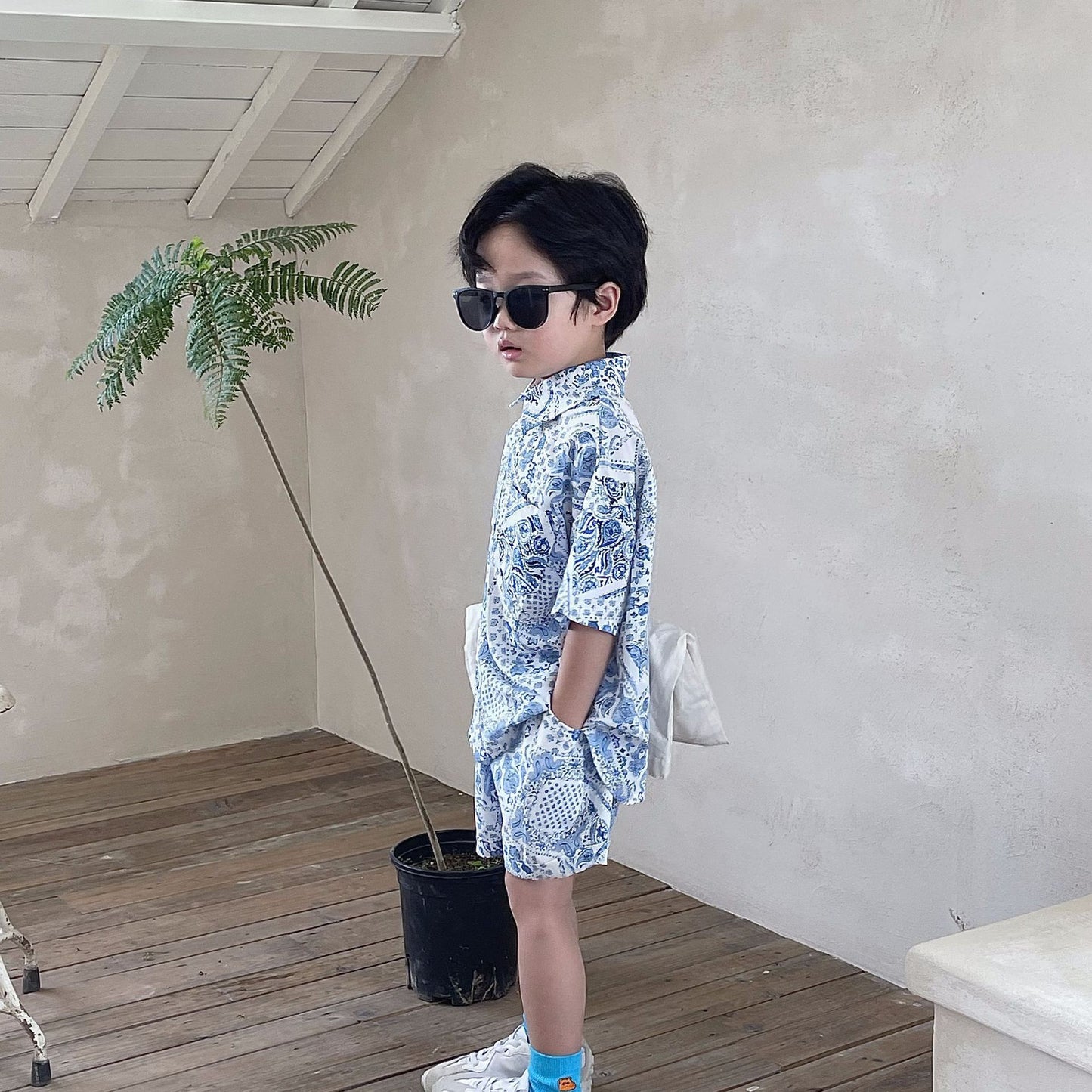Printed Shirt Boys Vacation Style Chiffon Shirt Shorts Suit