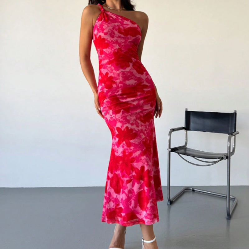 European And American Style Irregular Pattern Print Shoulder Belt Sling Dress Women