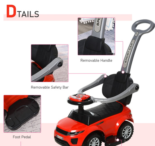 Kids 3 In 1 Push Car Ride-On Stroller Sliding Walking Toy With Horn Music Light Secure Bar For Boys Girls 1-3 Years Old Red - Enfance-Heureuse