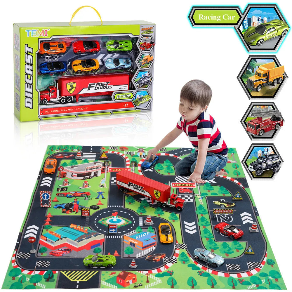 Mini juguete de carreras, alfombra de juego de escena de estacionamiento de coches de ingeniería de aleaciones