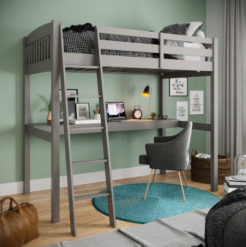 Everest Grey High Loft Bed With Desk And Storage, Heavy Duty Solid Wood Full Size Loft Bed Frame With Stairs For Kids And Toddlers, No Box Spring Needed