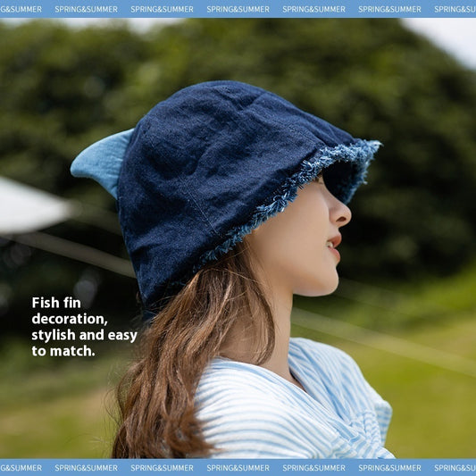 Japanese Shark Cartoon Bucket Hat Washed Denim Big Head Circumference Sun-proof Basin Hat
