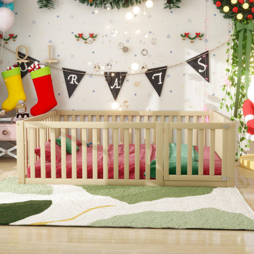 Kinderbett 140 X 200  Holzboden Bettrahmen Mit Zaun Und Tur  Holzfarbe
