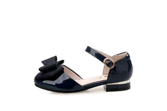 Big Kids' Hollow Velcro Patent Leather Shoes With Bow - Enfance-Heureuse