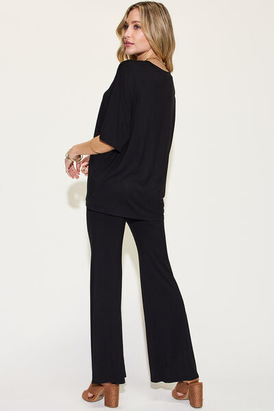 Basic Bae Full Size Bamboo Drop Shoulder T-Shirt and Flare Pants Set - Enfance-Heureuse