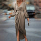Women's Solid Color V-Neck Long Sleeve Dress With Elastic Cuffs & Asymmetrical Hem Draped Party Dress For Spring&Fall