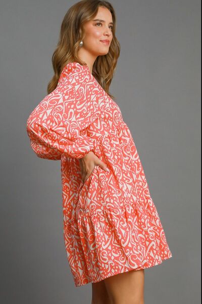Umgee Full Size Two Tone Print Balloon Sleeve Tiered Dress Plus Size - Enfance-Heureuse