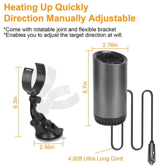 1Pc 12V 150W Portable Car Heater 2 In 1 Heating Cooling Fan Rotatable Demister Defroster With 4.92ft Cord - Enfance-Heureuse