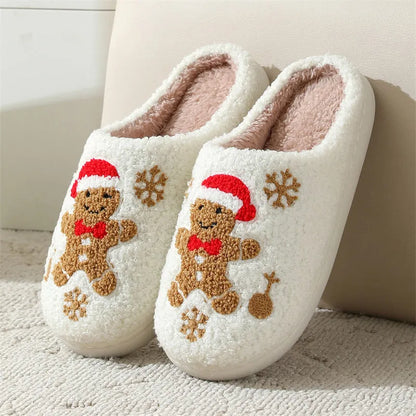 Christmas Snowflake Gingerbread Slippers Winter Indoor Non-slip Floor Bedroom Fuzzy House Shoes For Women Home Slippers - Enfance-Heureuse
