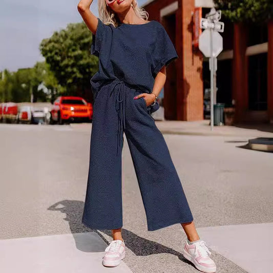 Solid Color Texture Casual Fashion Women's Wear Short-sleeved Trousers Two-piece Set - Enfance-Heureuse