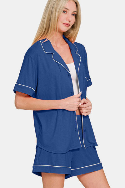 Zenana Button Down Short Sleeve Top and Shorts Lounge Set - Enfance-Heureuse