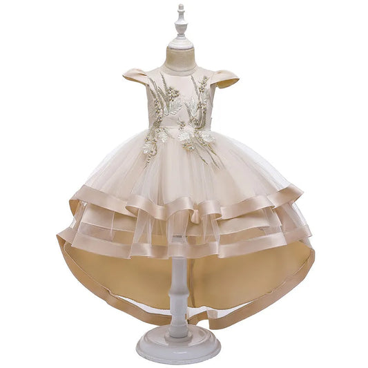 Girls' Princess Dress Short Front And Long Back Flower Girl Little Host Tail Costume - Enfance-Heureuse