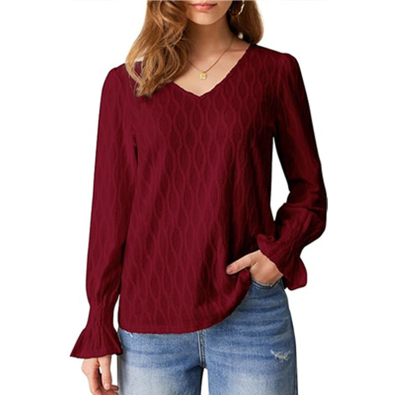 Fashion V-neck Long Sleeve Smocking T-shirt Top Women's Clothing - Enfance-Heureuse