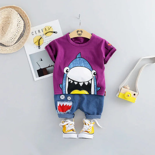 Requin de bande dessinée Motif Nouveau Costume À Manches Courtes pour L'été 2020 Version Coréenne Nouveau Costume Fabricant Direct Gros - Enfance-Heureuse