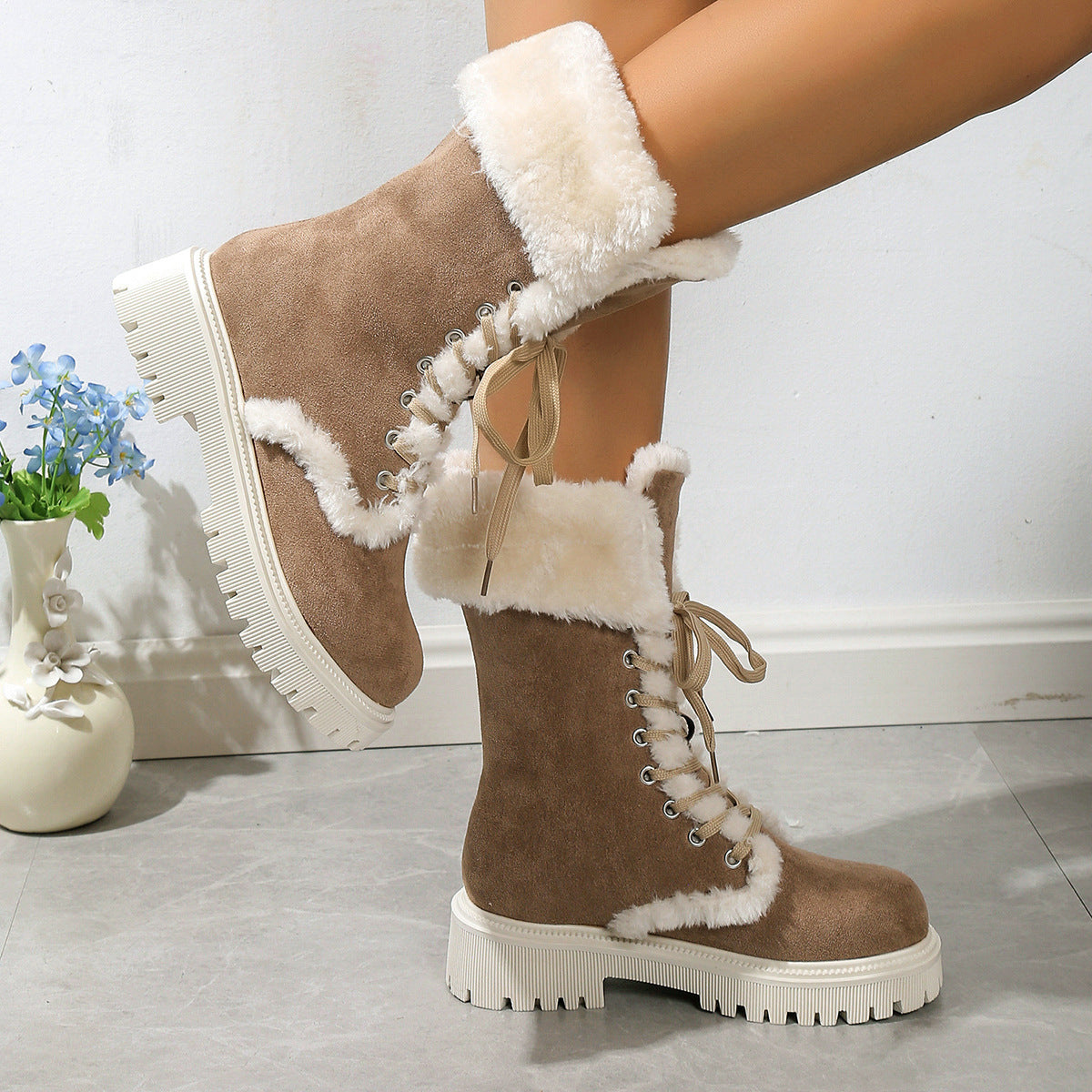Winter Lace-up Snow Boots For Women Mid-tube Fleece Shoes Warm Chunky Heels Plush Boot - Enfance-Heureuse