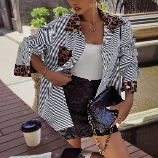 INS Leopard Striped Patchwork Shirt Fashion Casual Long-sleeved Button Lapel Top Women's Clothing - Enfance-Heureuse