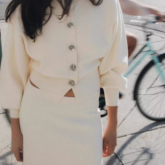 Flower Button Decoration Knitted Coat Short Mini Skirt Suit