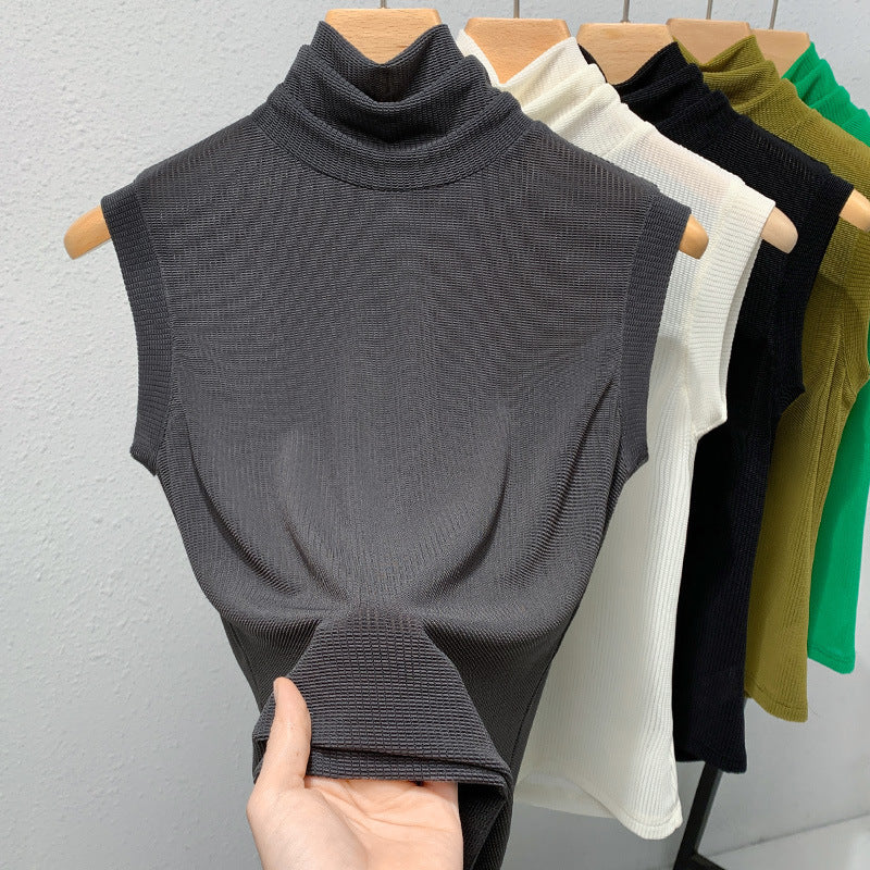 Ladies New Turtleneck Grenadine Solid Color Waist Tight Sleeveless Top - Enfance-Heureuse