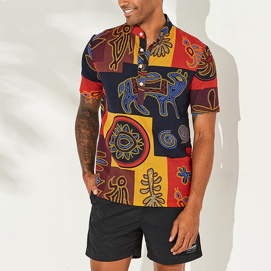 European And American Fashion Totem Print Shirt Large Size Collar Short Sleeve Top - Enfance-Heureuse