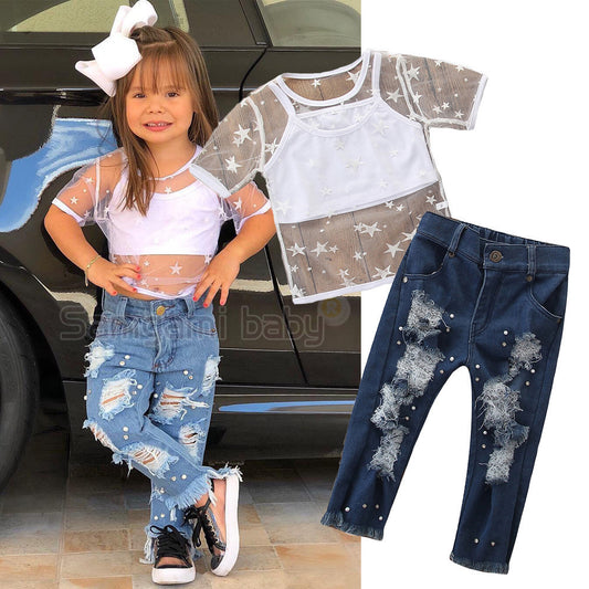 Toddler Kids Girls Short Sleeve Star T-shirt Tops Hole Denim pants pearl Jeans 2PCS Clothing Set - Enfance-Heureuse
