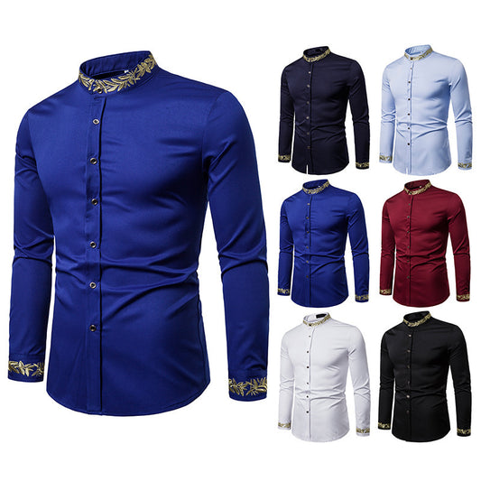 Gold Embroidery White Shirt Men Brand New Stand Collar Mens Dress Shirts Casual Slim Long Sleeve Chemise Homme Camisa Masculina - Enfance-Heureuse