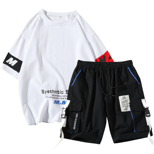 Summer Men's Sets Track Suit Mens Casual Loose Short-sleeved T-shirt Shorts 2-piece Sets Cotton Print Large Size - Enfance-Heureuse