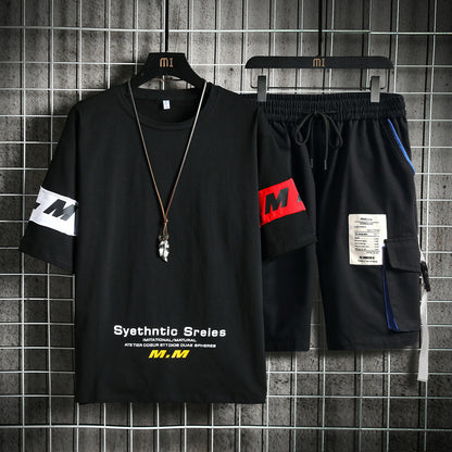 Summer Men's Sets Track Suit Mens Casual Loose Short-sleeved T-shirt Shorts 2-piece Sets Cotton Print Large Size - Enfance-Heureuse