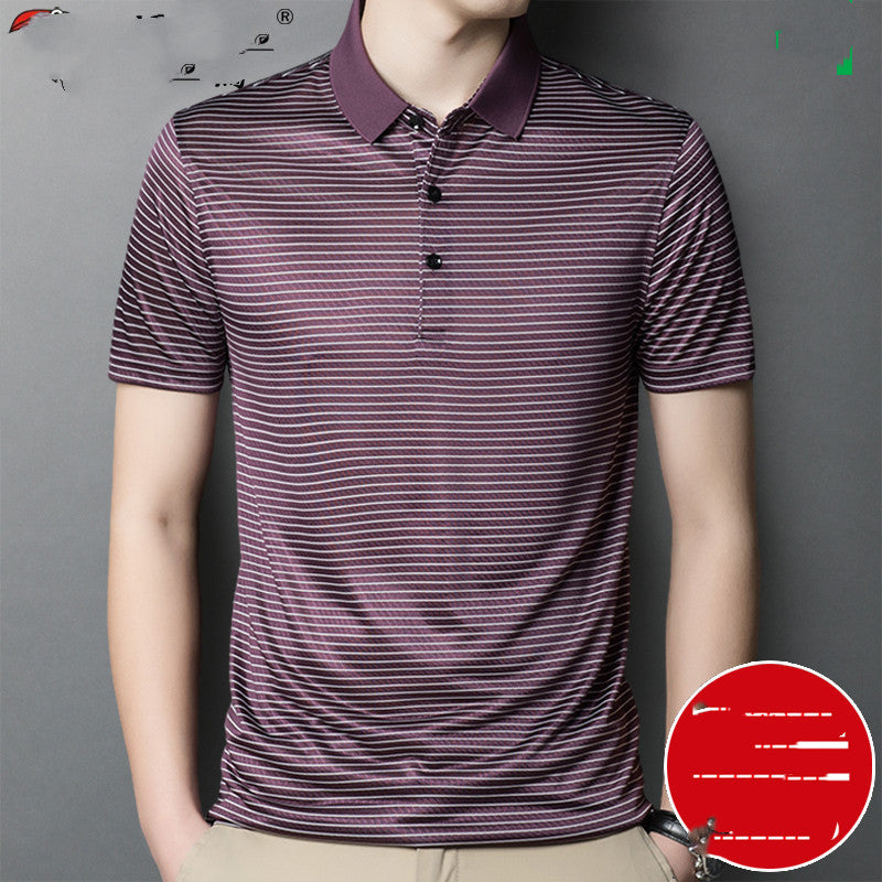 Woodpecker Silk Short-sleeved T-shirt Men Silk 40 Years Old 50 Dad Packed Middle-aged Mens Ice Silk Striped Loose - Enfance-Heureuse