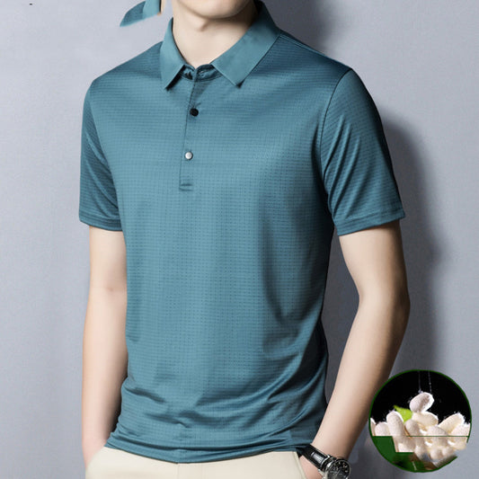 Woodpecker Silk Short-sleeved T-shirt Men Silk 40 Years Old 50 Dad Packed Middle-aged Mens Ice Silk Striped Loose - Enfance-Heureuse