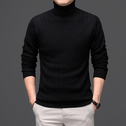 Pure Wool Mens High Neck Warm Sweater Thick Striped Pullover Sweater - Enfance-Heureuse
