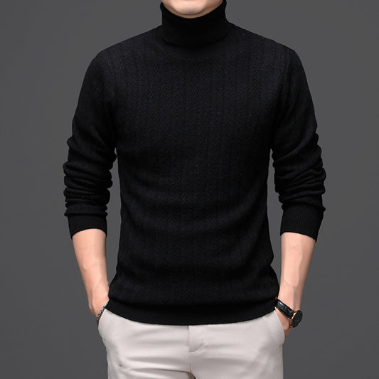 Pure Wool Mens High Neck Warm Sweater Thick Striped Pullover Sweater - Enfance-Heureuse
