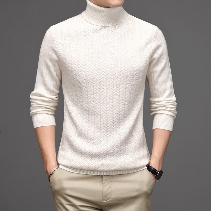 Pure Wool Mens High Neck Warm Sweater Thick Striped Pullover Sweater - Enfance-Heureuse