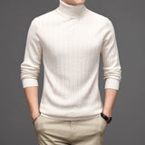Pure Wool Mens High Neck Warm Sweater Thick Striped Pullover Sweater - Enfance-Heureuse