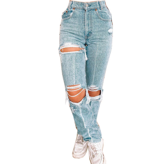 Ladies Denim Pants with Ripped Holes Women's Pants - Enfance-Heureuse