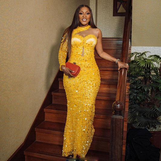 Sequined Pearl Embroidery Lace Asymmetric Single Sleeve Dress - Enfance-Heureuse