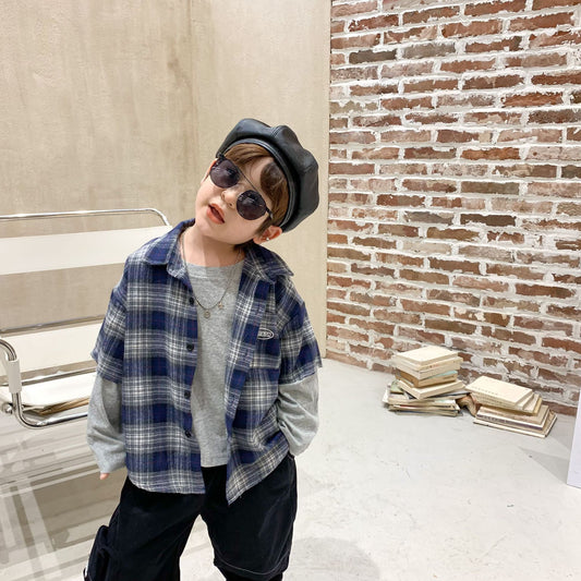 Boys plaid shirt stitching t-shirt - Enfance-Heureuse