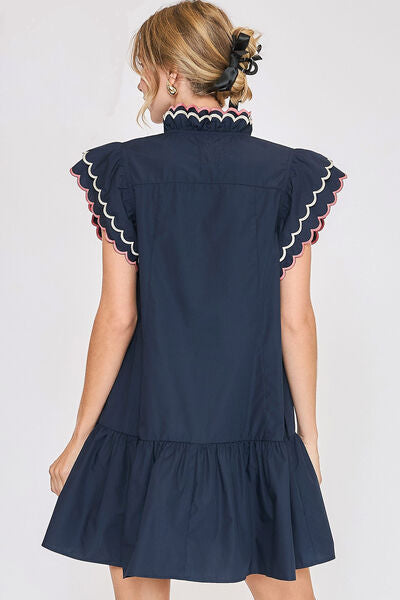 Umgee Full Size Ruffled Scalloped Sleeved Dress Plus Size - Enfance-Heureuse