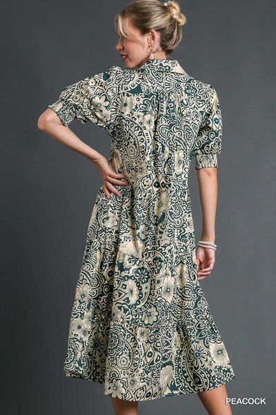 Umgee Full Size Printed Smocked Cuff Puff Sleeve Midi Dress Plus Size - Enfance-Heureuse