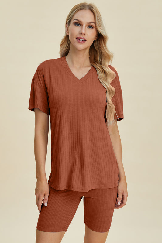 Basic Bae Full Size Ribbed V-Neck Short Sleeve Top and Shorts Set - Enfance-Heureuse